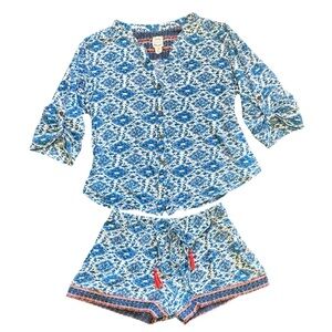 LUCKY BRAND Lounge Button Down Pajama Set in Bright Blue with Red Detailing —L